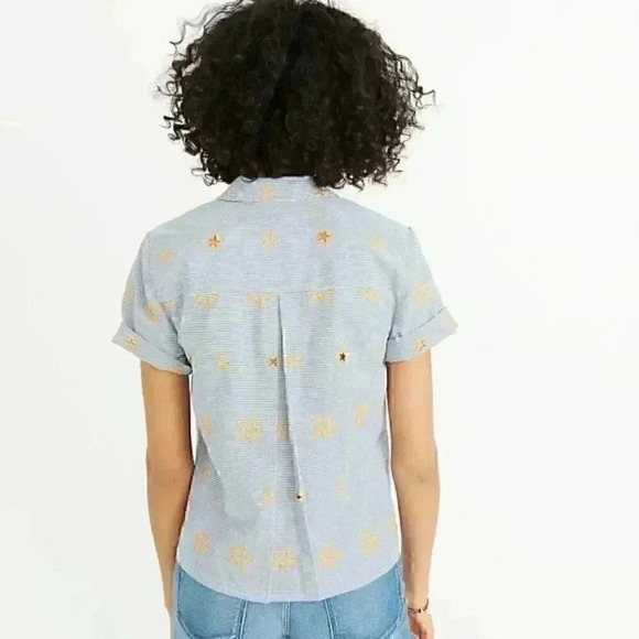 MadeWell  Star Embroidered Blouse size xs blue stripped w yellow ⭐️ - Picture 3 of 9